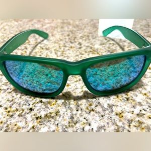 Green Ray-bans (Justin) w/ green mirror lenses. custom ordered, bright green.